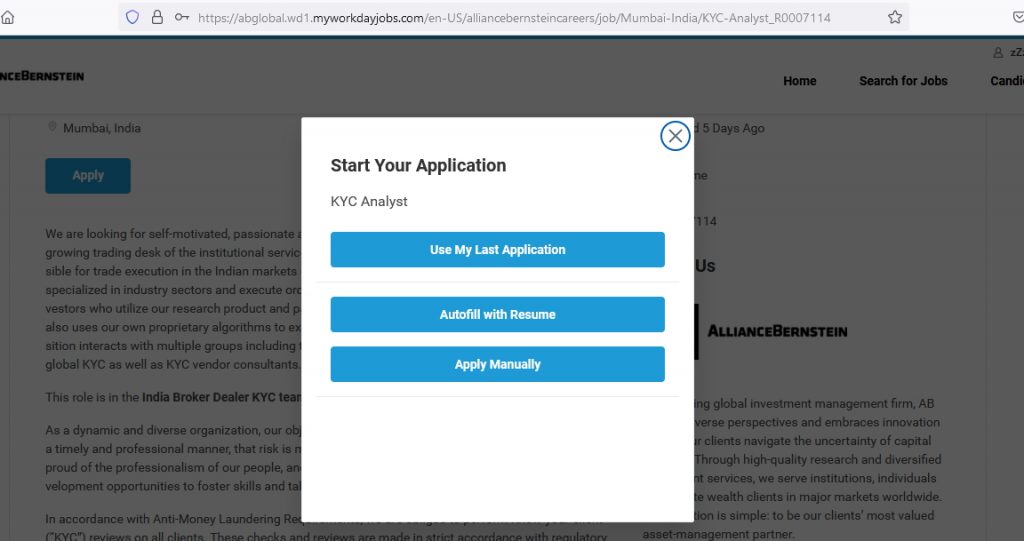 Steps to apply directly for AML-KYC jobs at AllianceBernstein Mumbai
