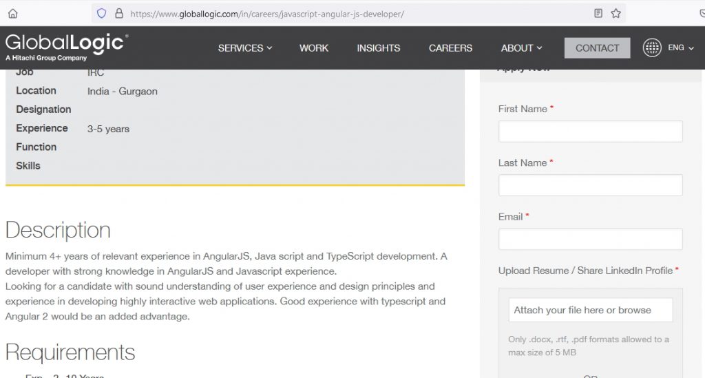 Steps to apply directly for Angular jobs at Globallogic Bangalore
