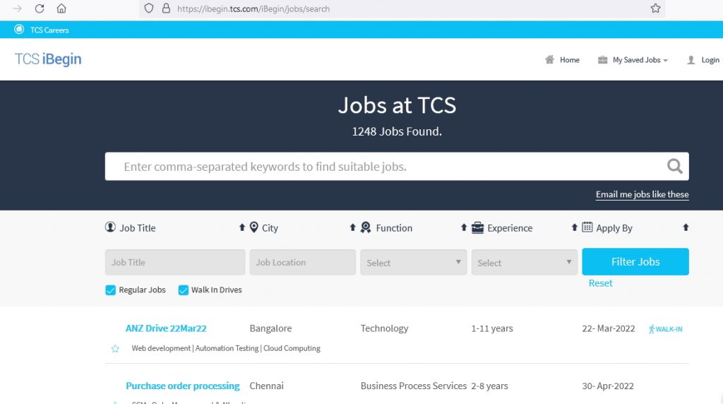 Steps to apply directly for Angular jobs at TCS Bangalore
