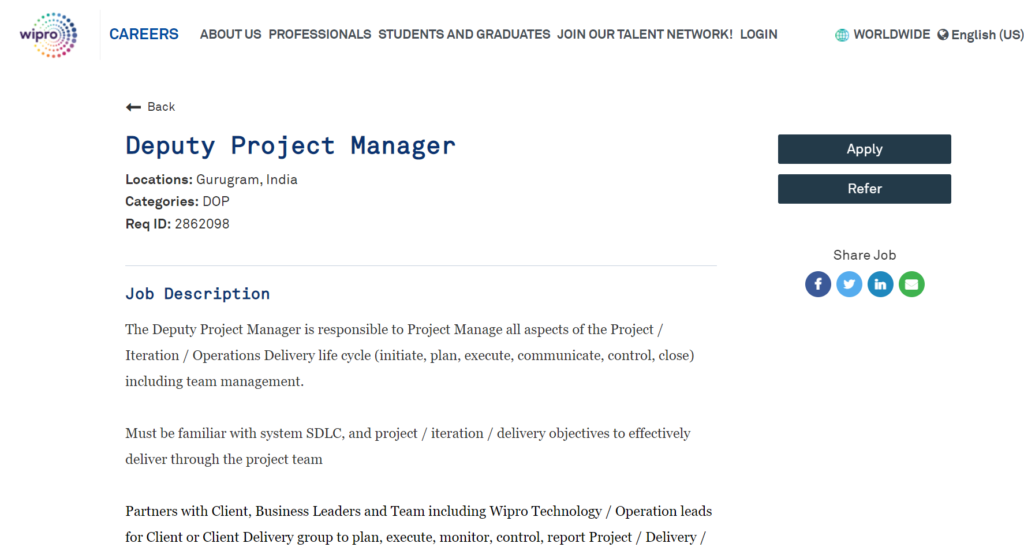 Project management job at Wipro Limited