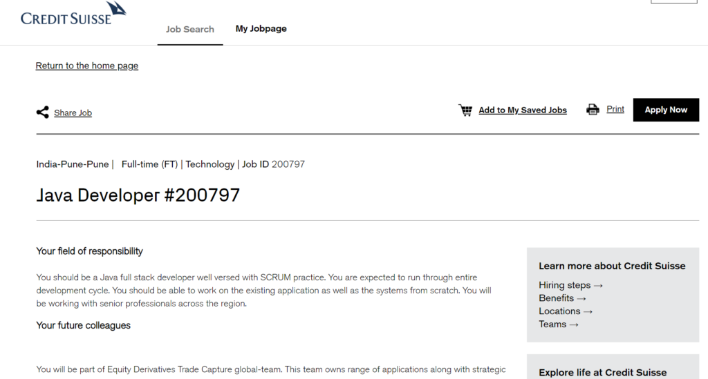 Java Developer job at Credit Suisse