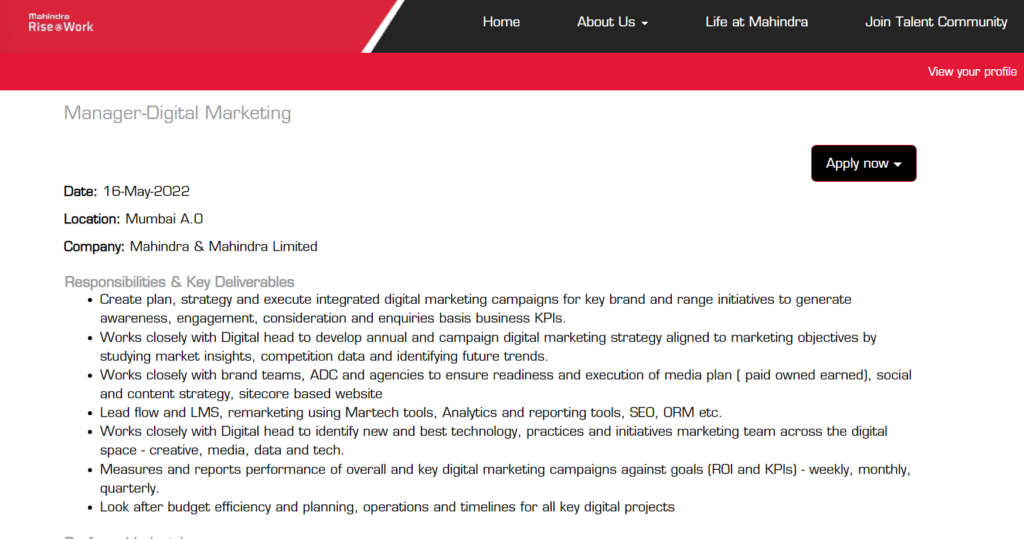 Digital marketing jobs at Mahindra & Mahindra Ltd