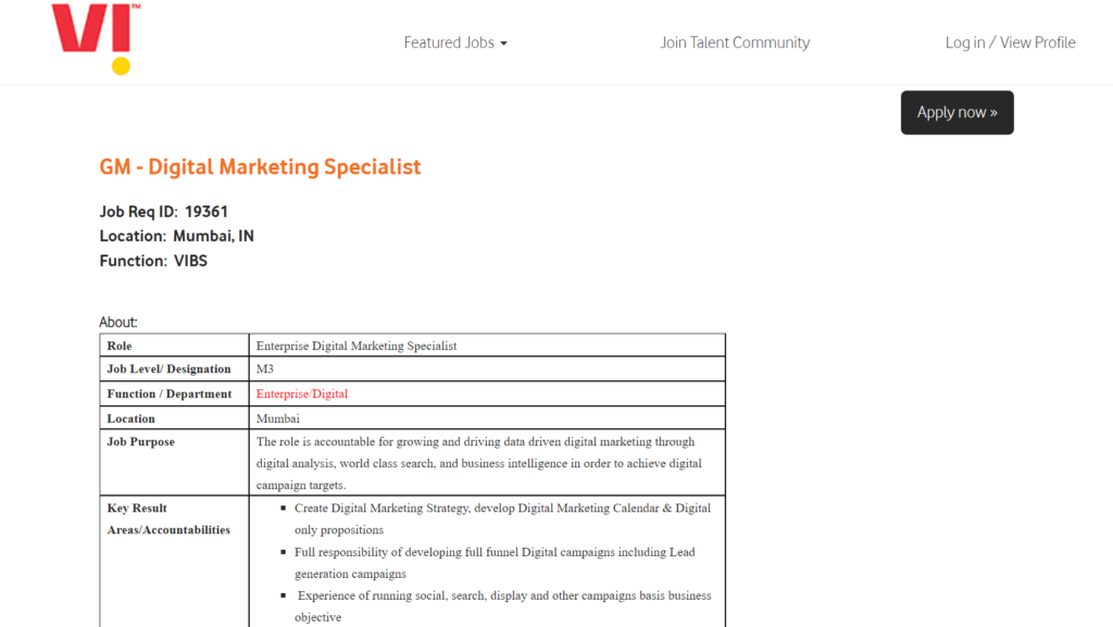 Digital marketing jobs at Vodafone Idea