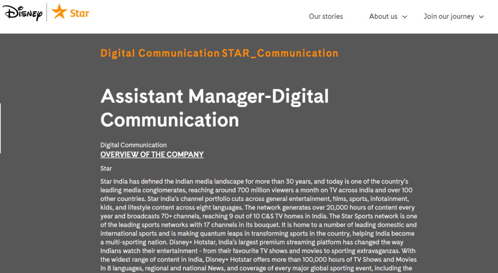 Digital marketing jobs at Star India