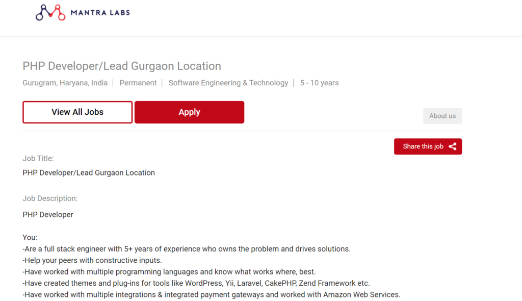 PHP Developer Jobs at Mantra Labs