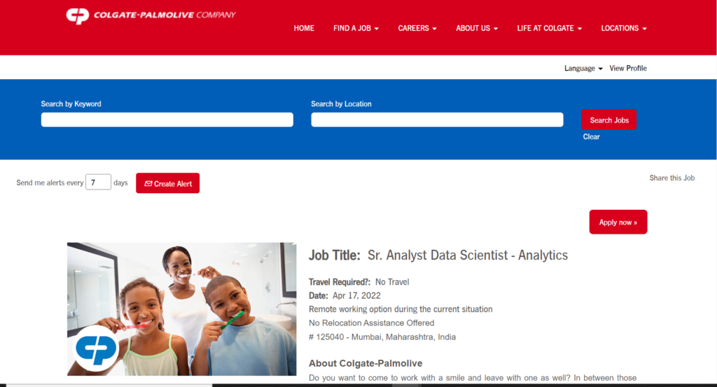 Data science job at Colgate-palmolive company