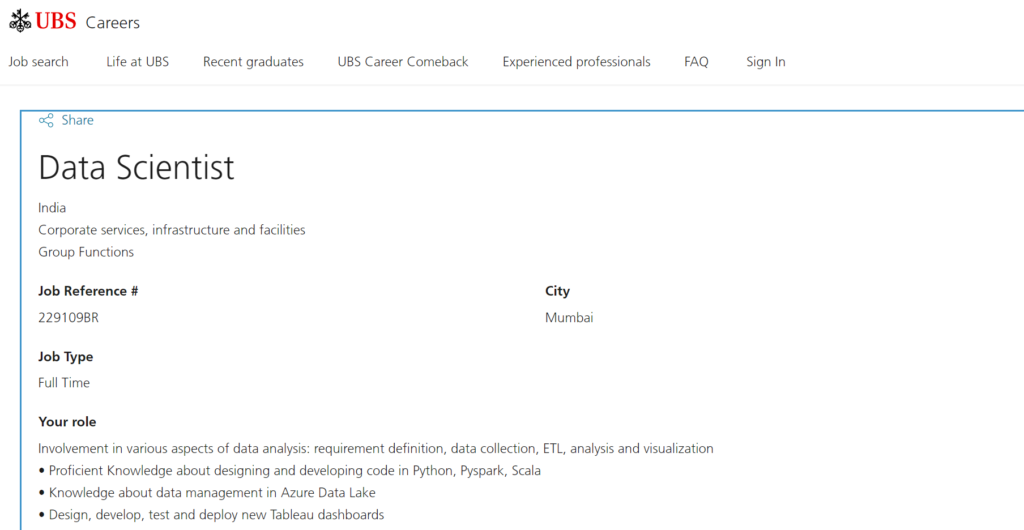 Data Scientist job at UBS, mumbai