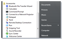 Picture of the Start menu with Accessories folder expanded