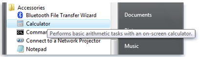 Picture of the Start menu showing the mouse pointer over Calculator
