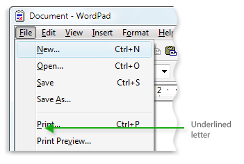 Picture of Microsoft WordPad menu showing underlined letters in menu commands