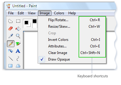 Picture of the Microsoft Paint menu showing keyboard shortcuts next to menu commands