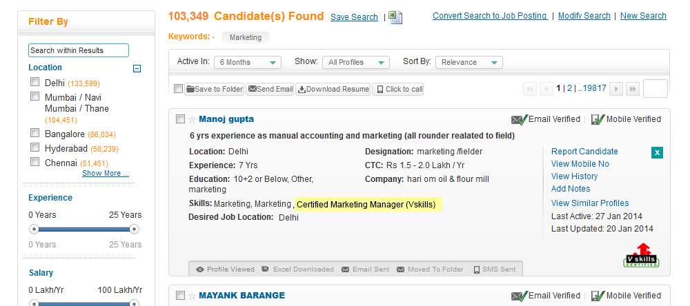 Vskills certified Candidate's CV tagging as shown in job search result on Shine.com