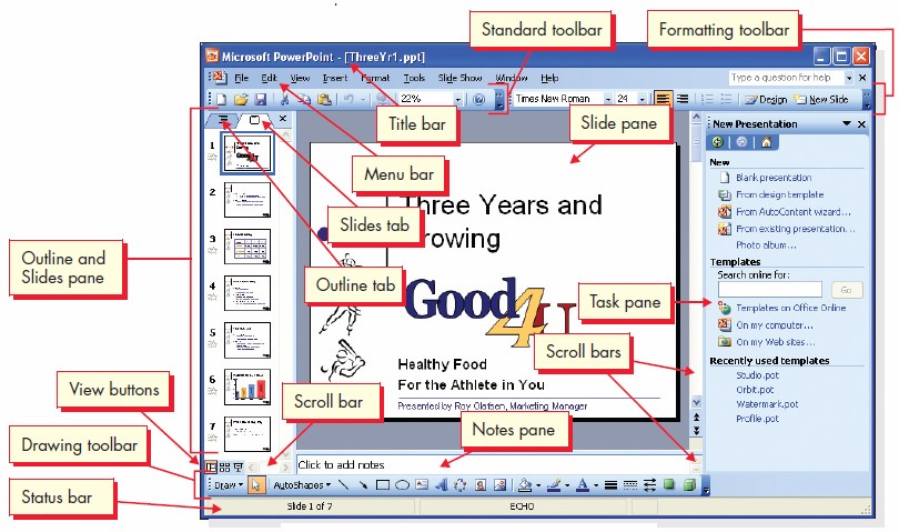 the elements of a presentation program interface